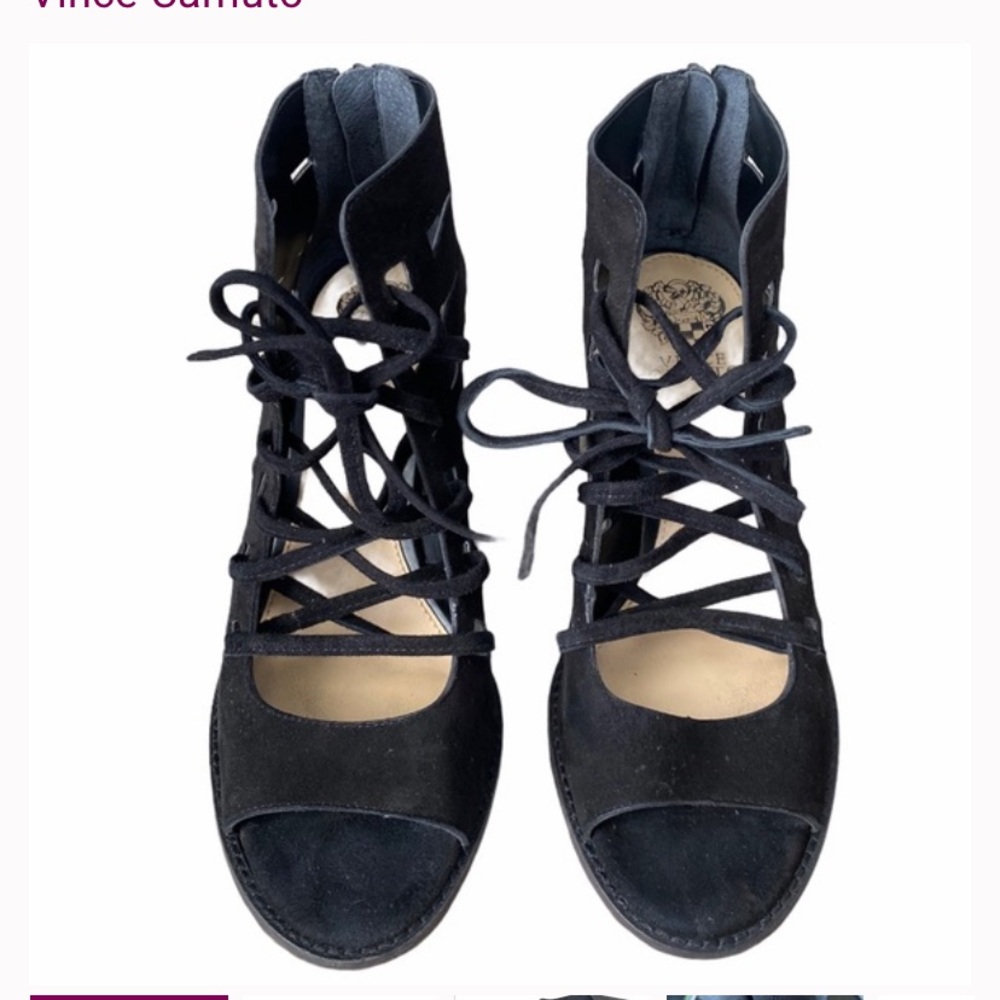 Vince Camuto Tressa Block Heel Sandals Black Lace Up Suede Leather 10 1/2